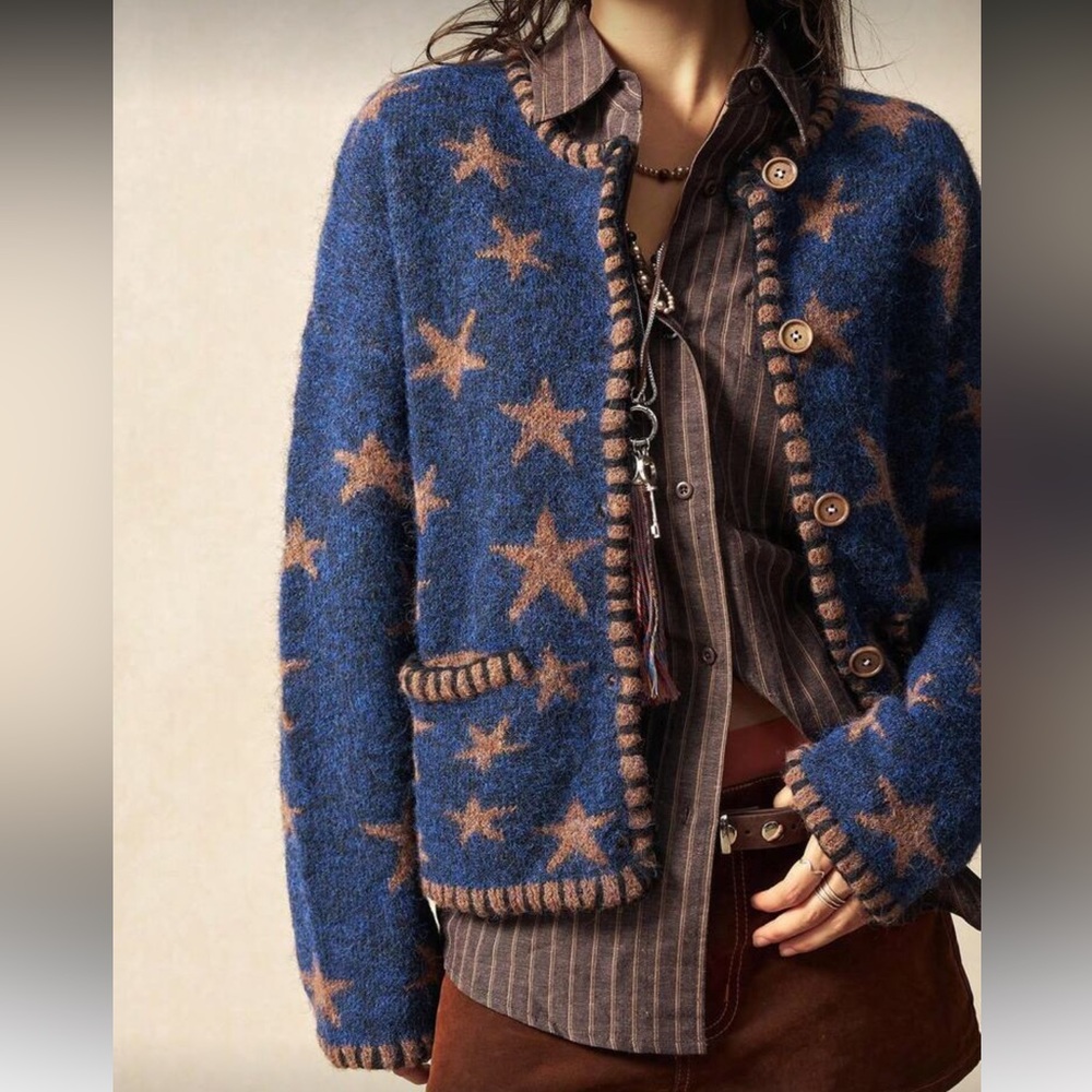 Star knit cardigan pocket Patterned Blue and golden Brown Women's Sweater - Picture 5 of 7